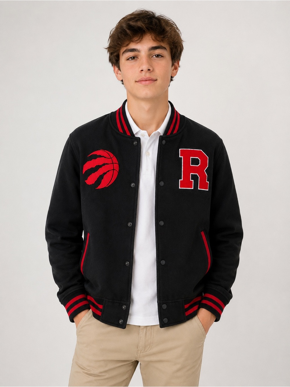 NBA Toronto Raptors Youth XL Varsity Jacket Black Red Snap Front Basketball